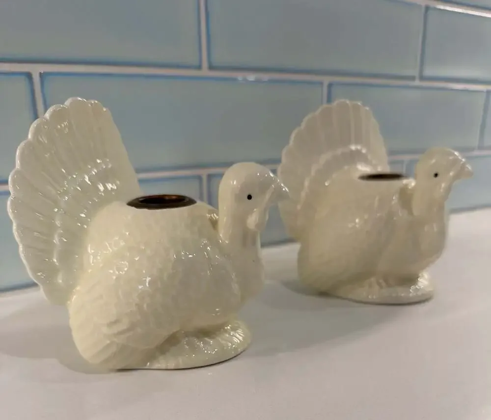 Pair of Vintage Cream Ceramic Thanksgiving Turkey Taper Candle Holders